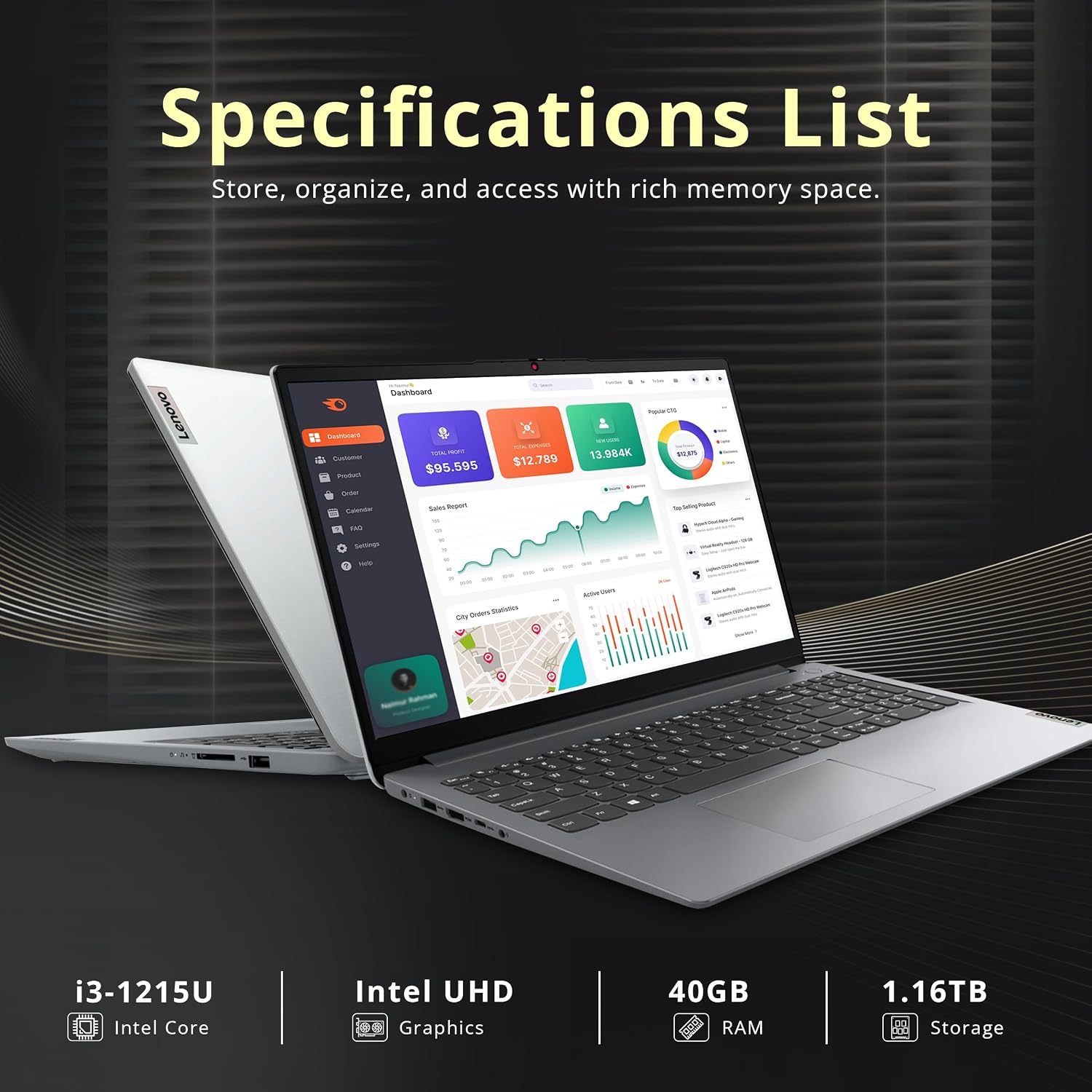 Lenovo Ideapad 1i 15.6' FHD Touchscreen Laptop, Intel i3 1215U, 40GB RAM, 1.16TB Storage(1TB SSD+160GB Docking Station Set), Intel UHD Graphics, Full Size Keyboard, Win11 Pro, Gray