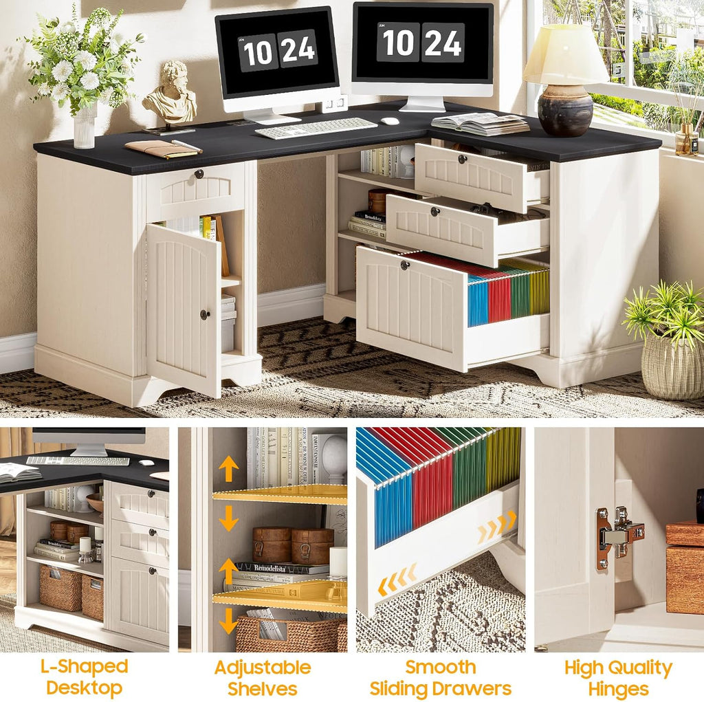 Vabches Farmhouse L Shaped Desk with Drawers, 56 Inch Executive Desk with File Cabinet, Wooden Corner Computer Desk with Power Strip for Home Office Work and Study, Rustic White and Black