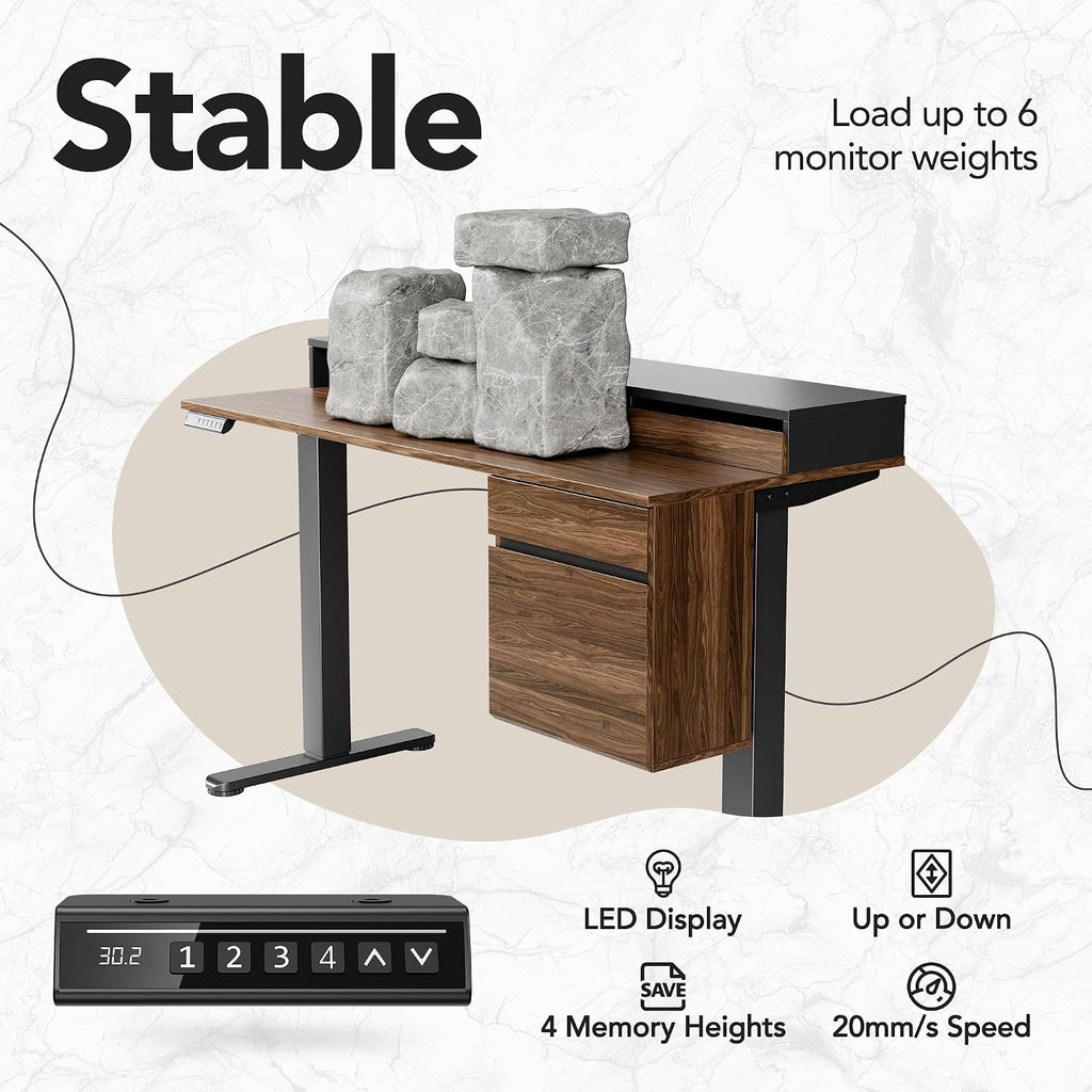 HUANUO Standing Desk with Drawers and File Cabinet, 47 Inch Electric Height Adjustable Desk with Storage, Ergonomic Stand Up Table Compatible with Monitor Stand, Black Walnut