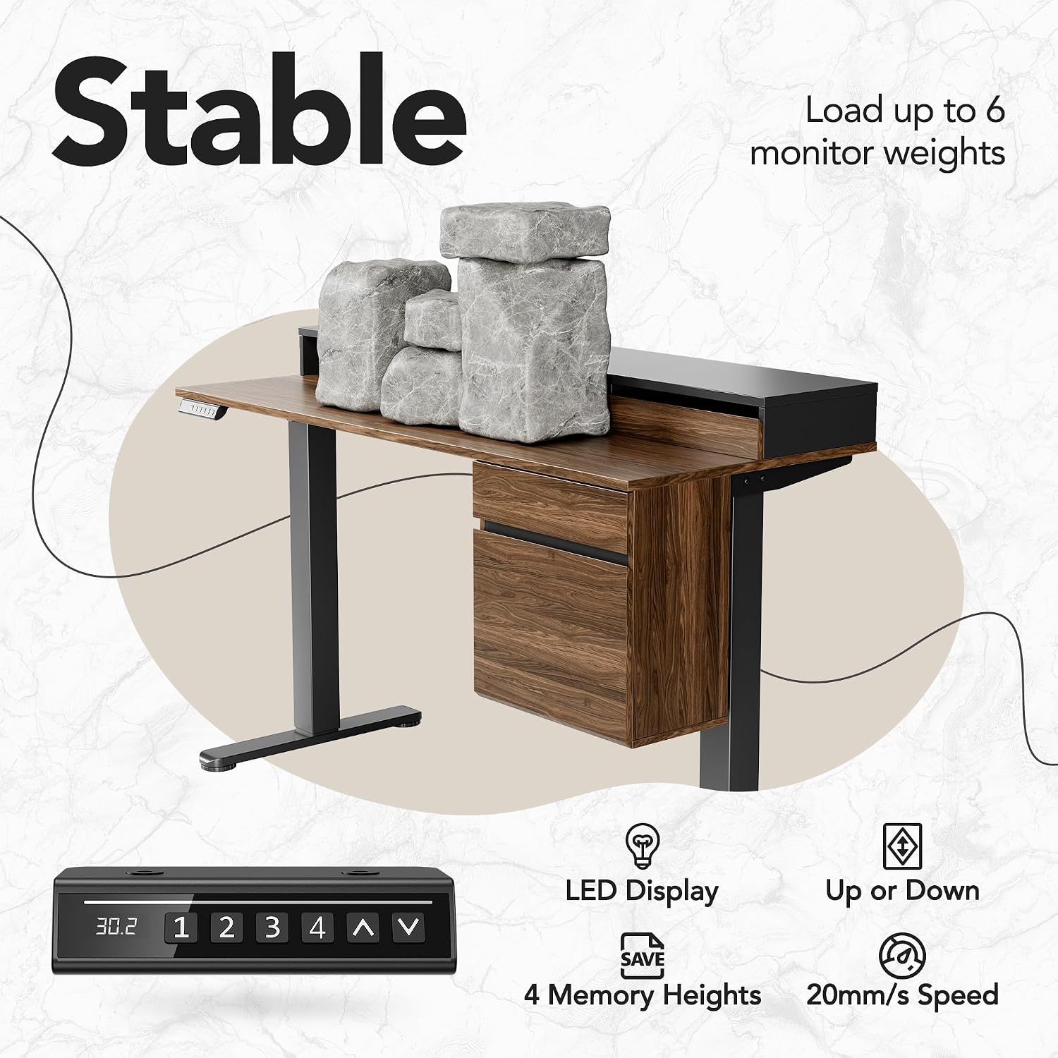 HUANUO Standing Desk with Drawers and File Cabinet, 47 Inch Electric Height Adjustable Desk with Storage, Ergonomic Stand Up Table Compatible with Monitor Stand, Black Walnut