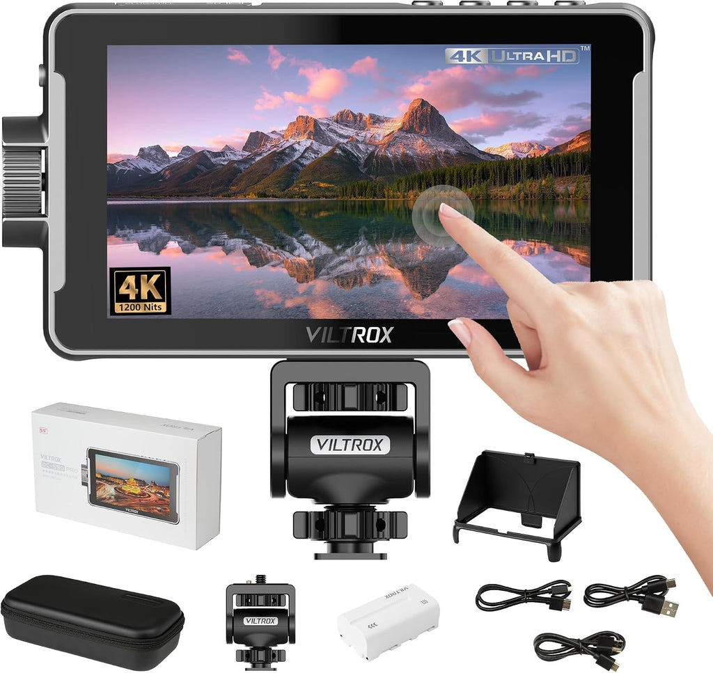VILTROX DC-550 5.5 Inch Touchscreen Camera Field Monitor, 4K HDMI, 1200 nits, Camera Monitor with Battery, Sunshade Hood, 3D Lut, Peaking Focus Assist, 160° Wide View Angle, DC 12V Type-C 5V in