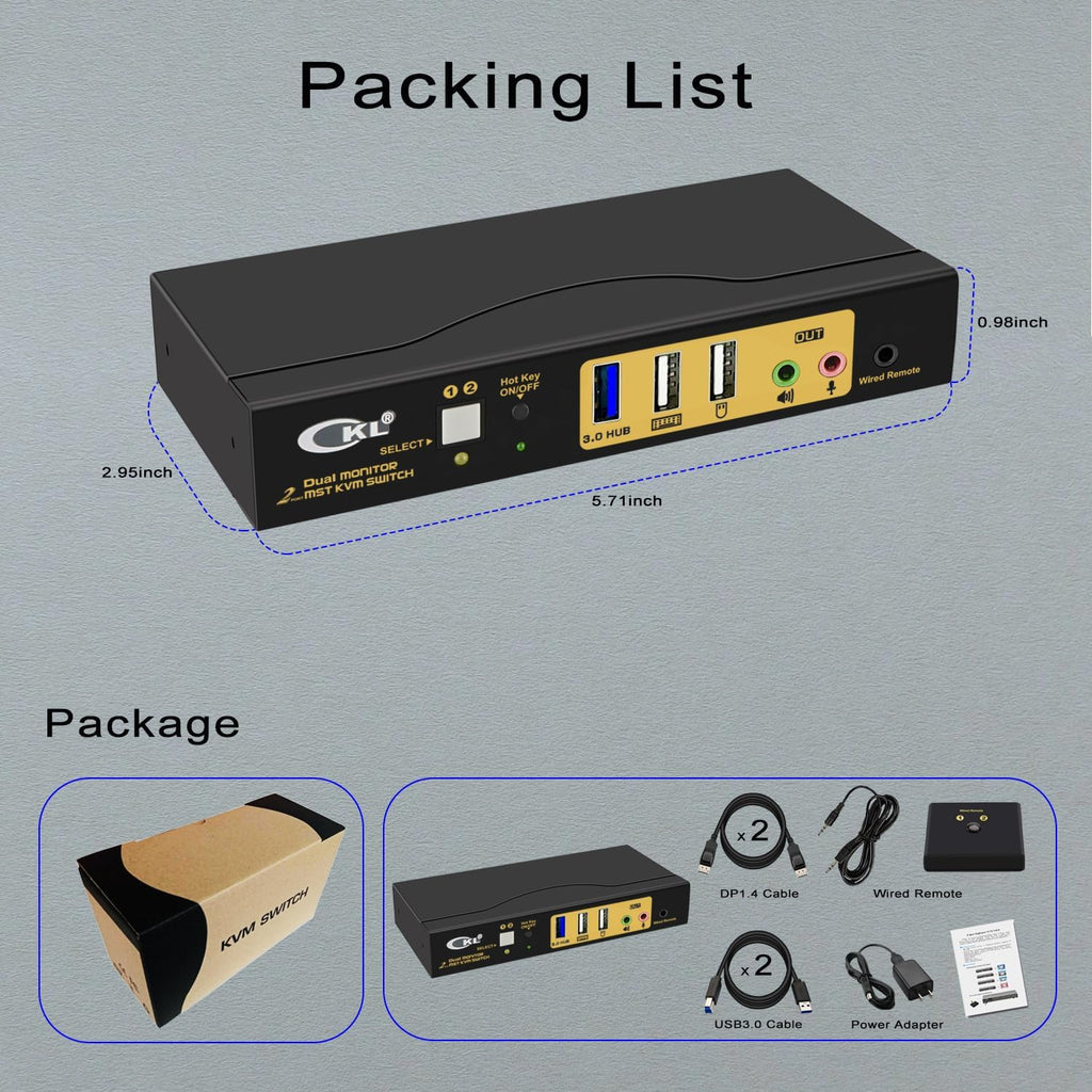 CKL 2 Port KVM Switch Dual Monitor DisplayPort 4K 60Hz for 2 Computers 2 Monitors, 1 DP Input to DP + HDMI Outputs for Each PC via DP 1.4 MST (622DH-MST)