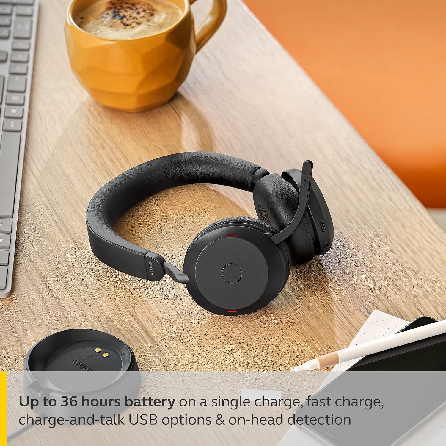 Jabra Evolve2 75 PC Wireless Headset with Charging Stand and 8-Mic Technology - Dual Foam Stereo Headphones with Advanced Active Noise Cancelling, USB-C Bluetooth Adapter and MS Compatibility - Black