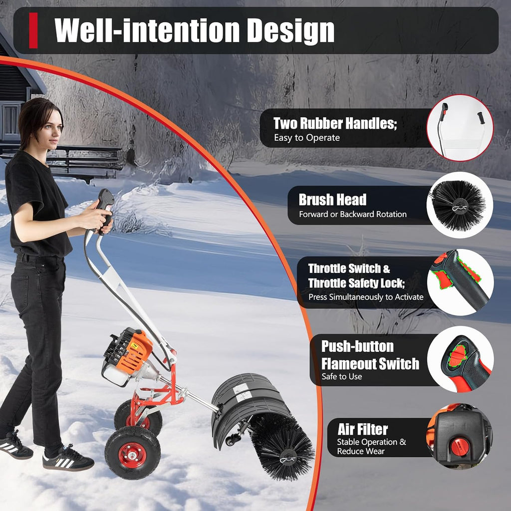 Gas Power Broom Sweeper, 52CC 2.5HP Handheld Snow Sweeper Brush Broom, Outdoor Driveway Turf Grass Snow Cleaning Tool for Lawn Leaf Snow Artificial Turf Grass Gravel Cleaning