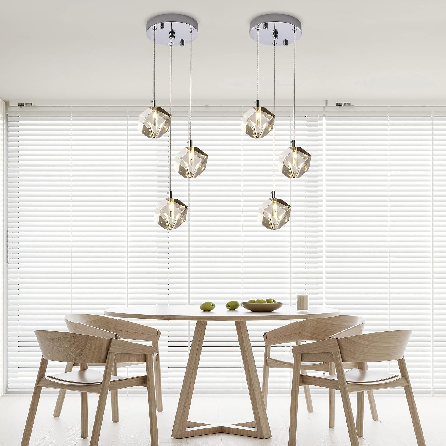 3-Light Cube Crystal Pendant Lighting, Cluster Square Pendant Chandelier in Chrome, Clear Crystal Hanging Pendant Ceiling Light Fixture for Dining Room Kitchen Island, 9W