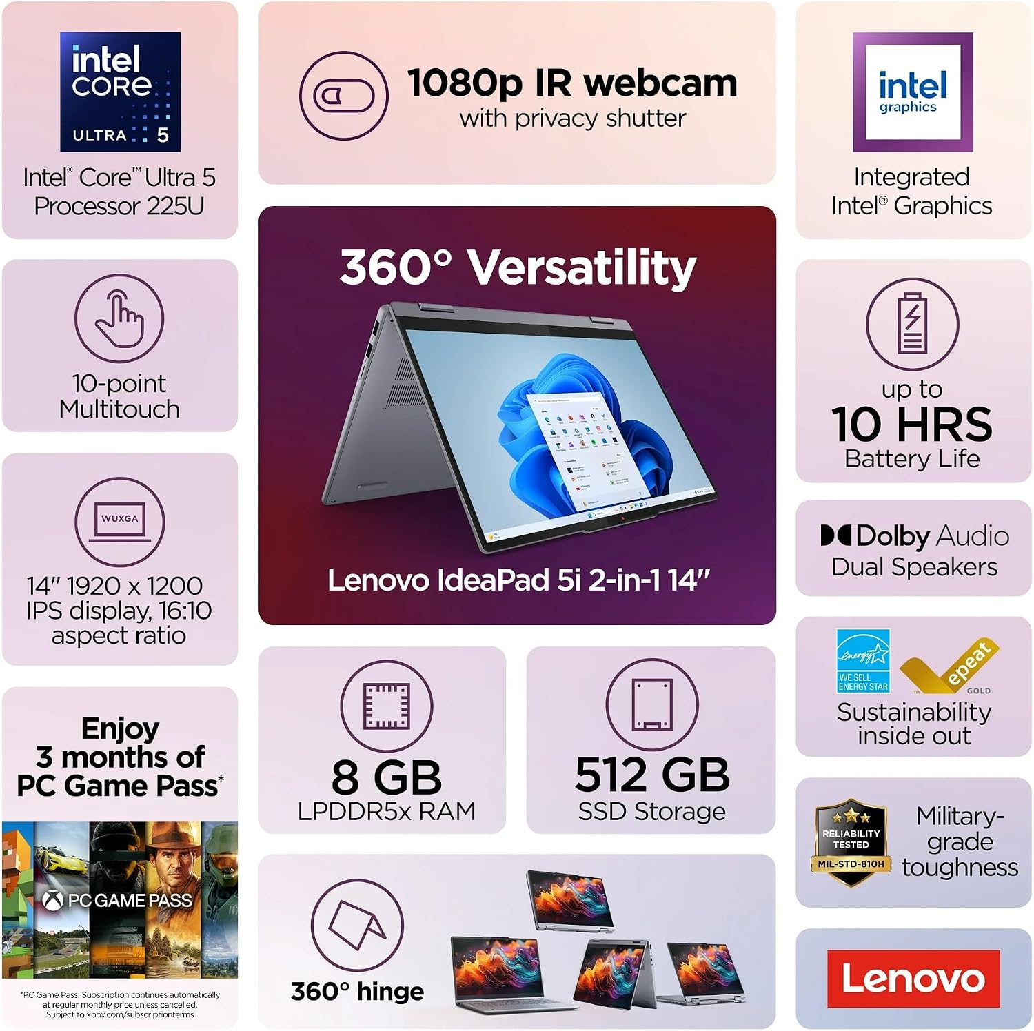 Lenovo IdeaPad 5i 2-in-1 14' WUXGA Touchscreen Intel Core Ultra 5 AI 8GB Ram 512 SSD Luna Grey Windows 11 83KR0047US