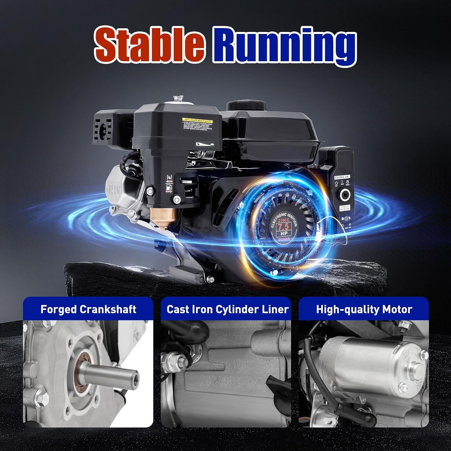 7.5HP 4 Stroke Gas Engine 210CC Electric Start Horizontal Engine OHV Gasoline Engine Upgrade Version for Go Kart Pressure Washers Log Splitters