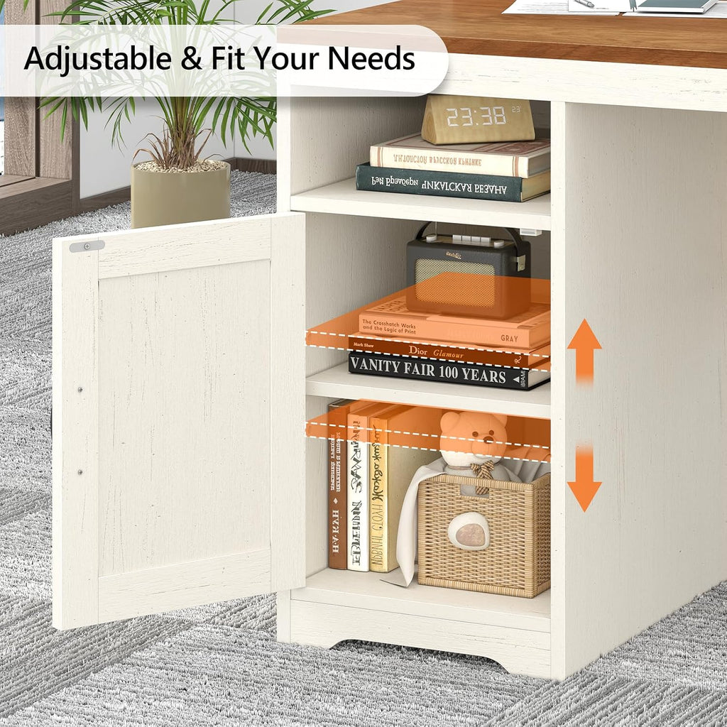 TVU Farmhouse Computer Desk with Drawers, 65'' Home Office Desk with Power Outlets, Storage Cabinet and Printer Stand, Study Writing Desks with Long Monitor Stand, Brown and White