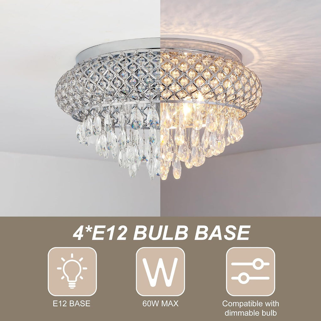 Maxax 19.5'' Chrome Chandelier with Crystal Raindrop Prism, Large 5-Light Flush Mount Ceiling Light Fixture, Drum Raindrop Metal Shade, French Vintage