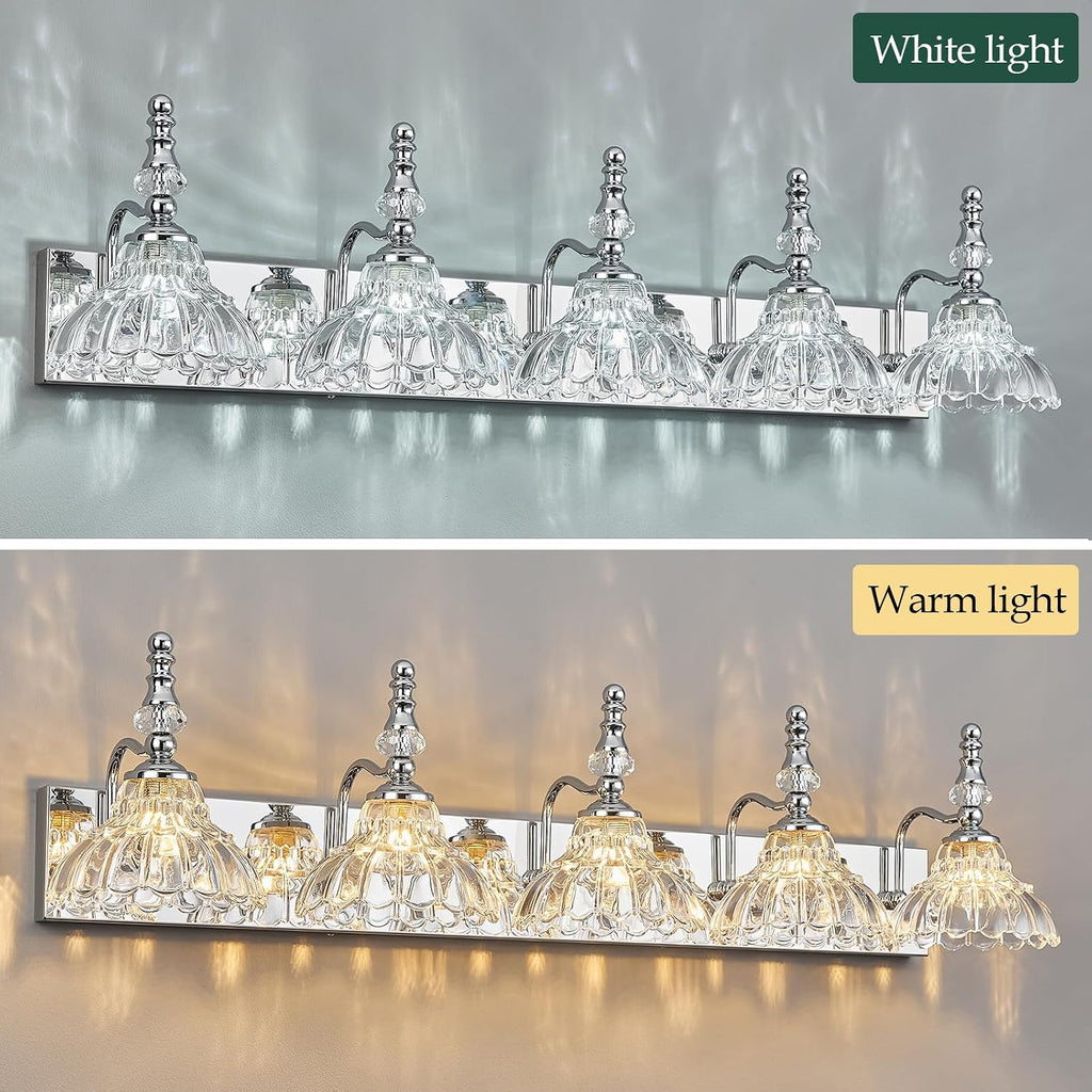 Vintage Bathroom Vanity Light, 5-Light Chrome Vanity Lighting Fixture with Flower Glass Shade, Bathroom Lighting Fixtures Over Mirror