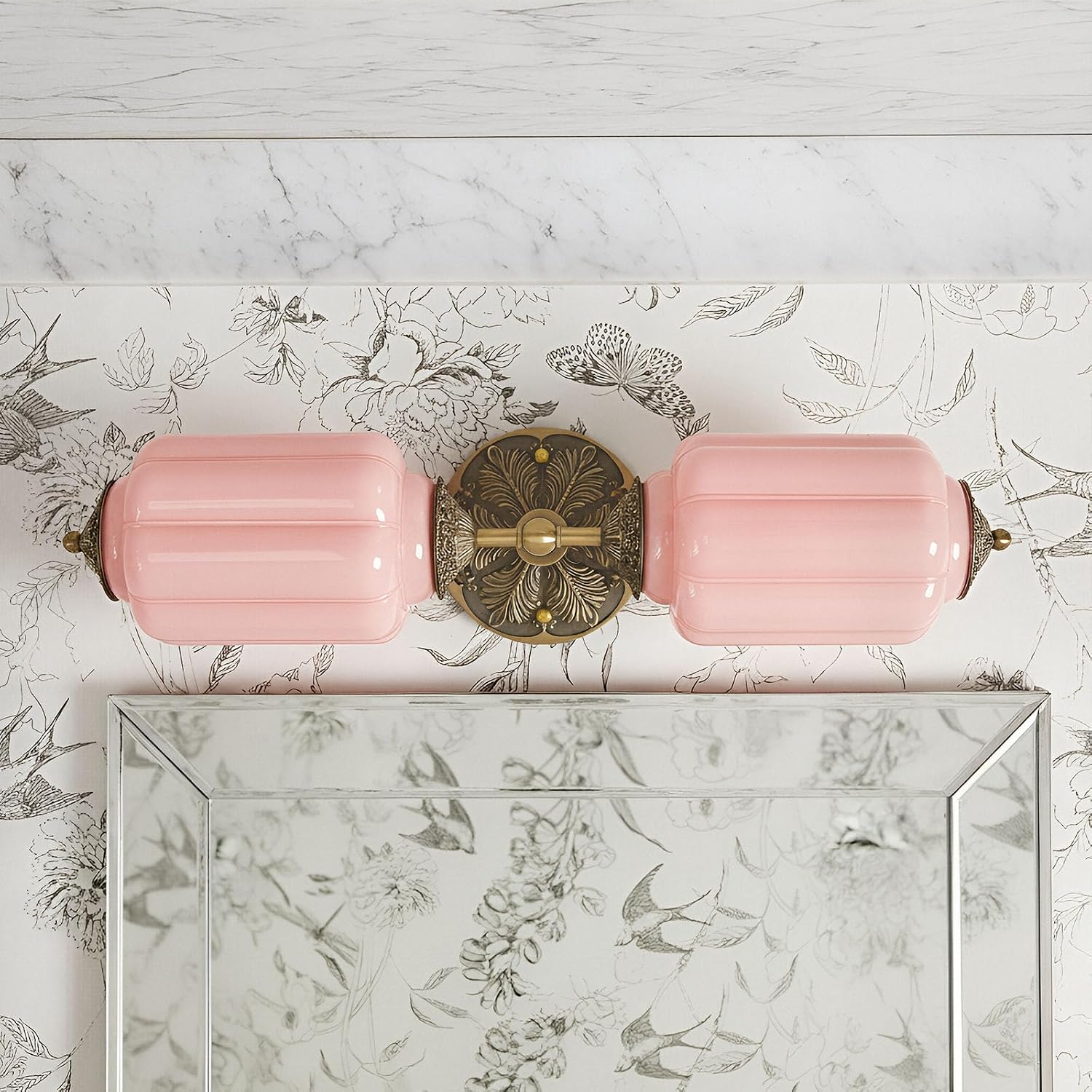 Vintage Vanity Light - 2-Light Wall Sconce with Brass Finish Base & Green Glass Shade - Wall Sconce Lighting for Mirror, Kitchen, Living Room, Gallery (Bulbs Included) (Pink)