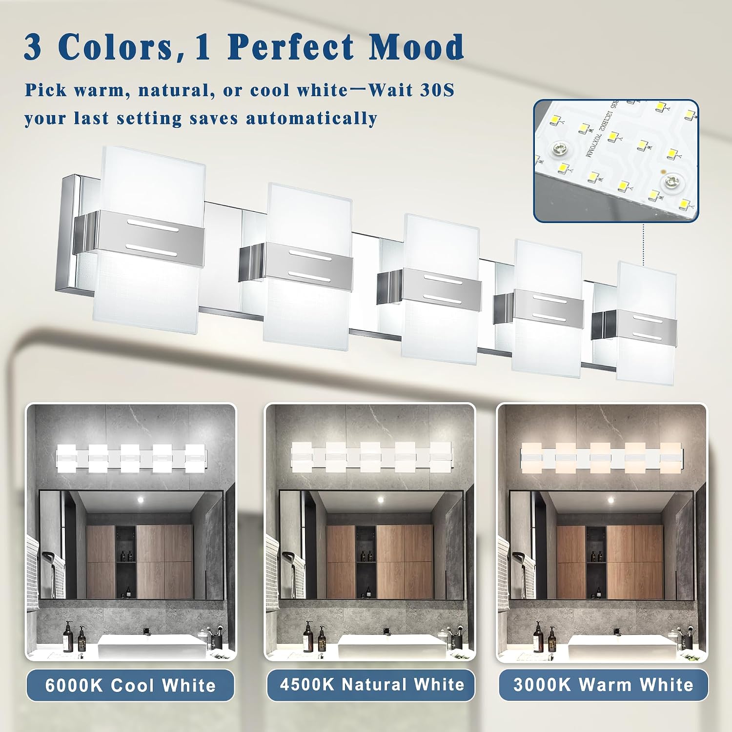 Modern Bathroom Vanity Light, Chrome Vanity Lights for Bathroom Lights Over Mirror with 5-Light Glass Grid Shade,39 Inch LED Dimmable Wall Light Fixtures 3000K/4500K/6000K Stainless Steel