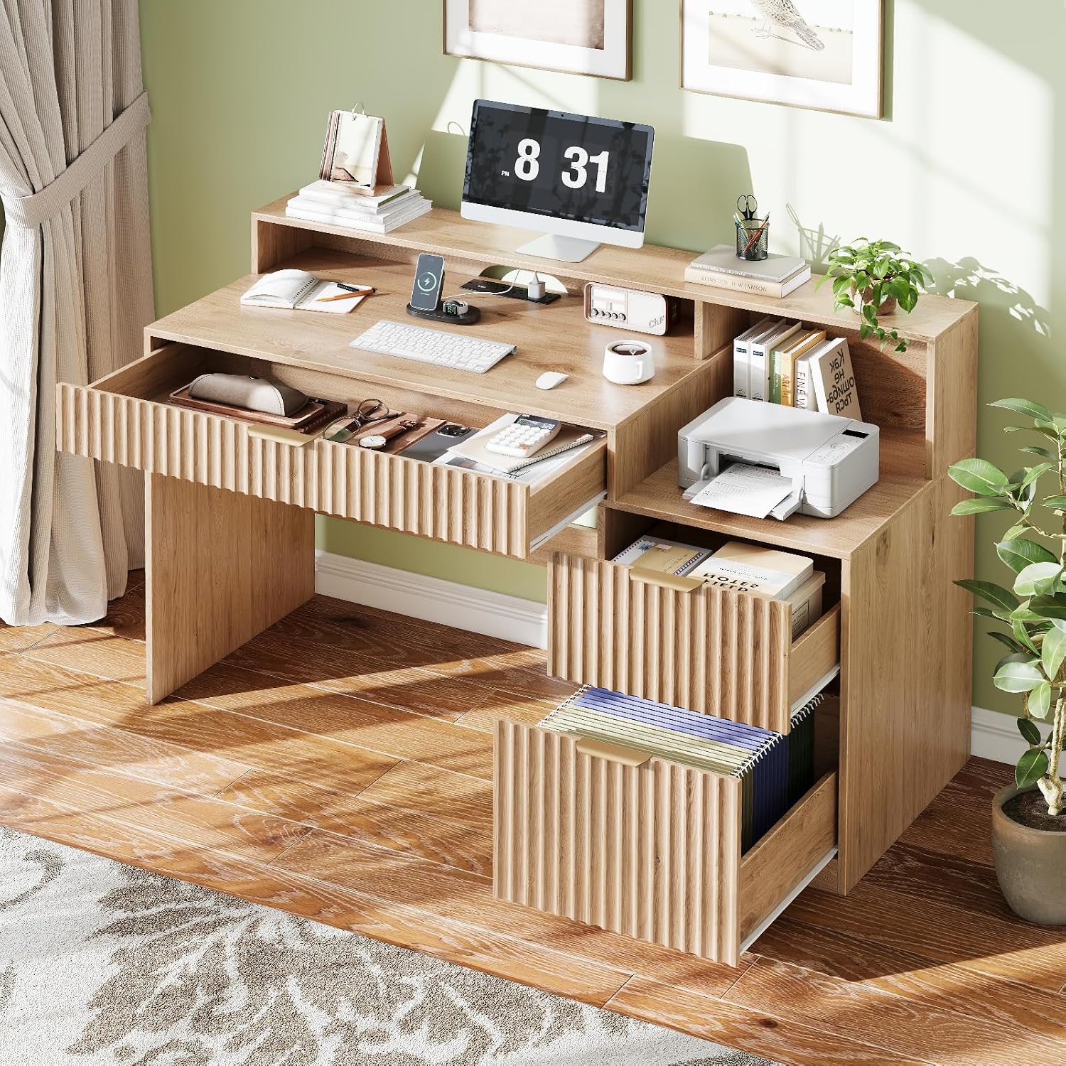 Vabches Fluted Computer Desk with Drawers, Home Office Desk with Power Outlets, Printer Stand and Storage Cabinet, Study Writing Desks with Long Monitor Stand, Oak