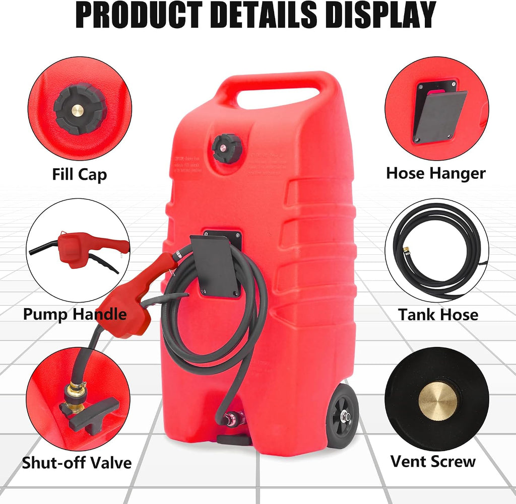 Petyee14 Gallon Portable Gas Can Fuel Tank, Fuel Storage Container with Manual Siphon Pump & 10FT Hose, Gasoline Diesel Caddy with Wheels, Fuel Transfer Tank for Car, ATV, Boat, Lawn Mower, Generator