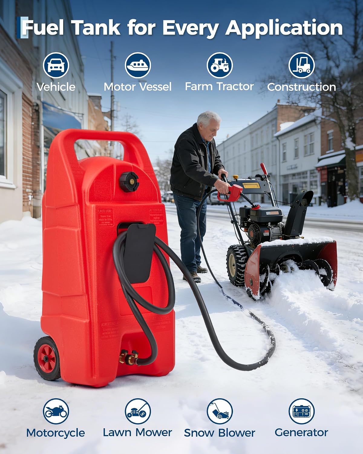 Upgraded 15-Gallon Gas Can & Fuel Tank with Manual Transfer Pump, 10FT Hose & Wheels: Heavy-Duty, Leak-Proof Portable Gas Caddy for Lawn Mowers, Tractors, Cars, Boats, ATVs, and Snow Blowers