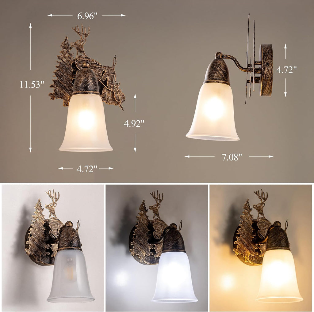 TOCHIC Rustic Wall Sconce 2-Pack, Vintage Farmhouse Wall Light Fixtures, Western Moose Sconces Wall Mounted Bathroom Vanity Light for Mirror Cabinets Living Room Dining Room Porch Corridor Staircase
