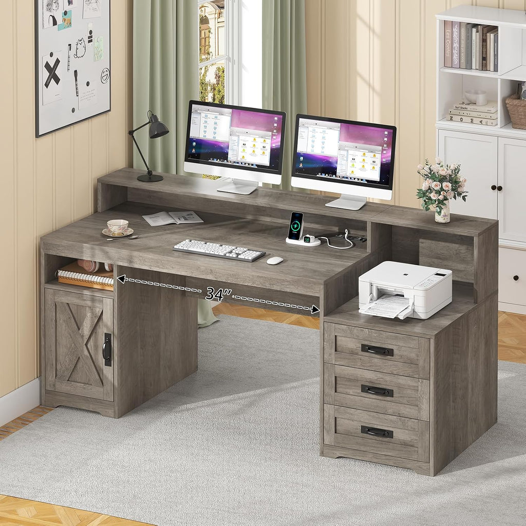 TVU Farmhouse Computer Desk with Drawers, 65'' Home Office Desk with Power Outlets, Storage Cabinet and Printer Stand, Study Writing Desks with Long Monitor Stand, Grey