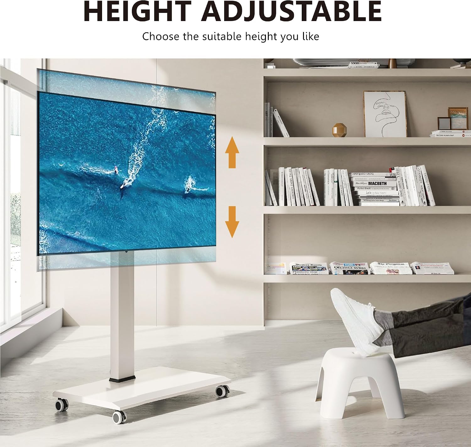FITUEYES Rolling TV Stand - Portable Mobile TV Cart on Wheels for 32 to 65 70 75 Inch TVs, Landscape to Portrait Rotating and 40°Swivel, Height Adjustable TV Cart Rolling TV Stand Hold Up to 88 Lbs