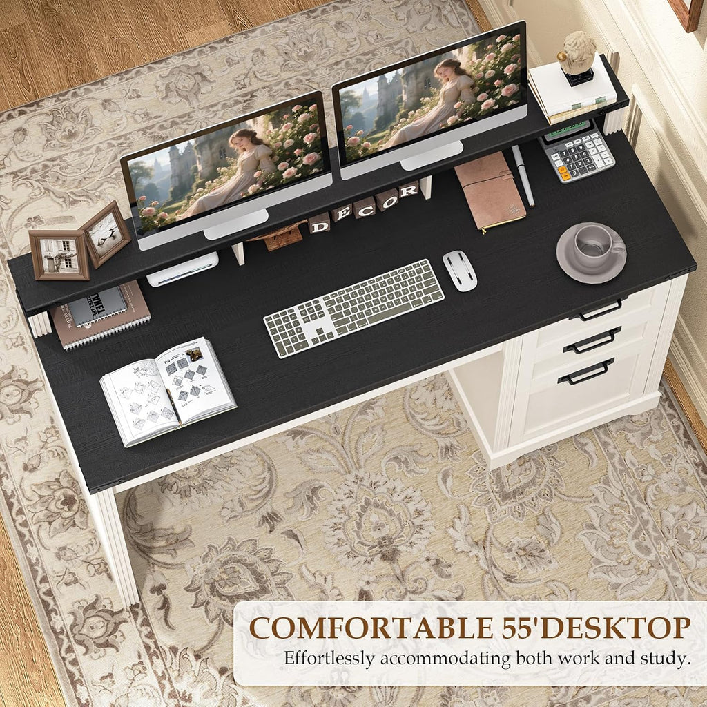 Vabches 55' Farmhouse Executive Desk with 3 Drawers, Wooden Computer Desk, Home Office Desk with File Drawer (Fits A4 Size) for Work and Study, White and Black