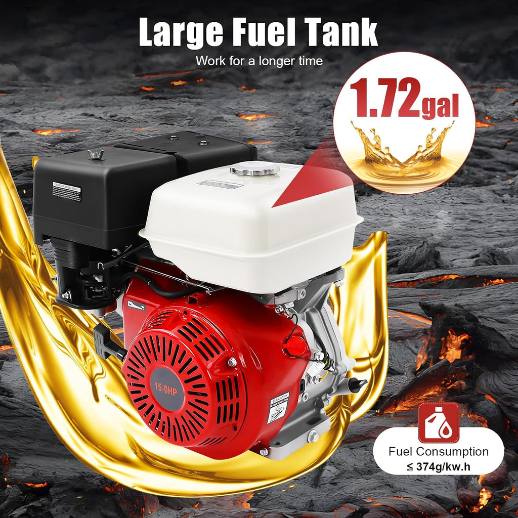 420CC Gasoline Powered Go Kart Motor, 15HP 4-Stroke Gas Engine OHV Horizontal Go Kart Motor 3000-3600RPM Mini Bike Engine with Recoil Start and Air Cooling for Water Pumps Vibrators Generators