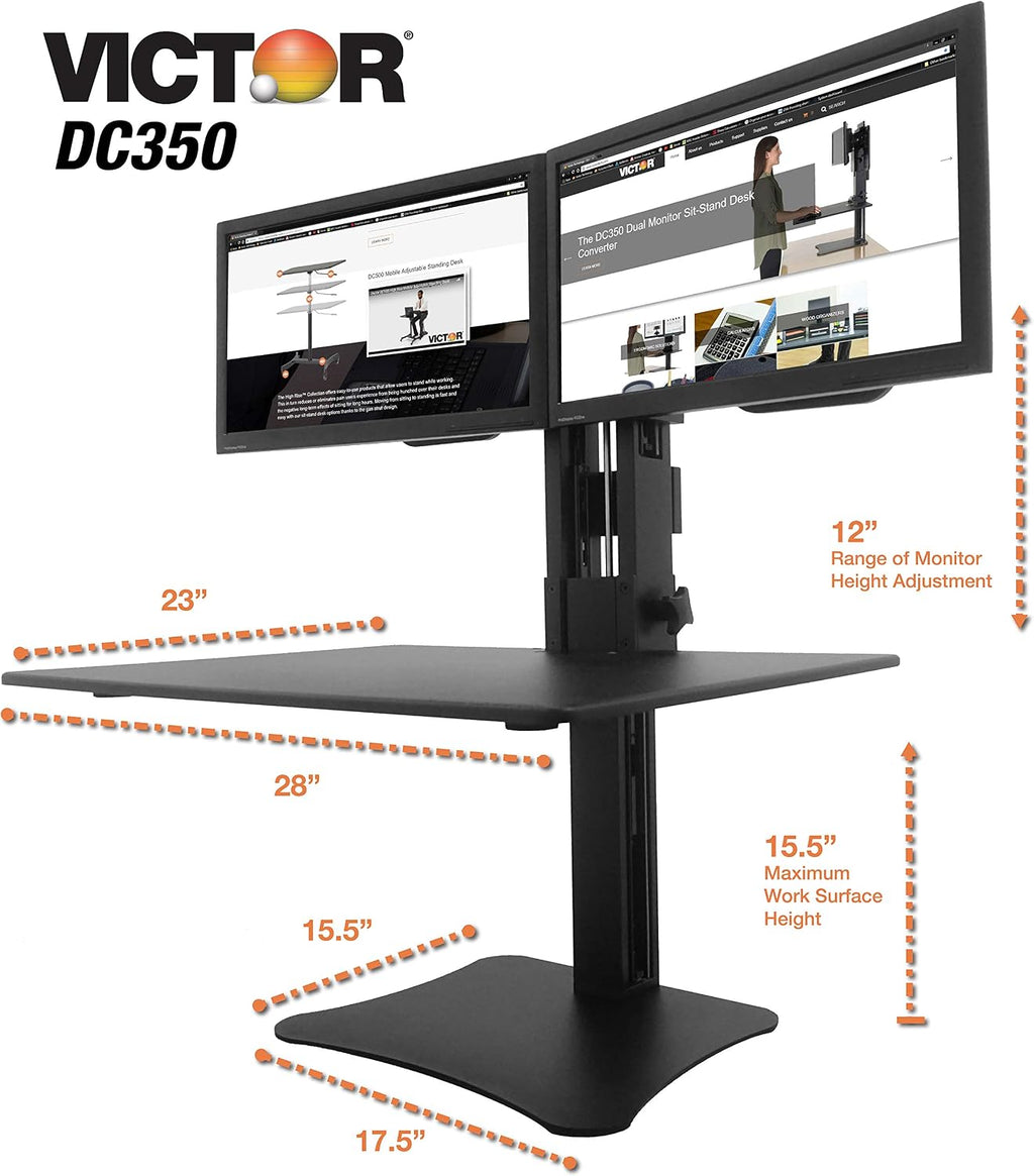 Victor High Rise Collection Dual Monitor Sit-Stand Standing Desk Converter, 28' by 23' by 15.5', Black