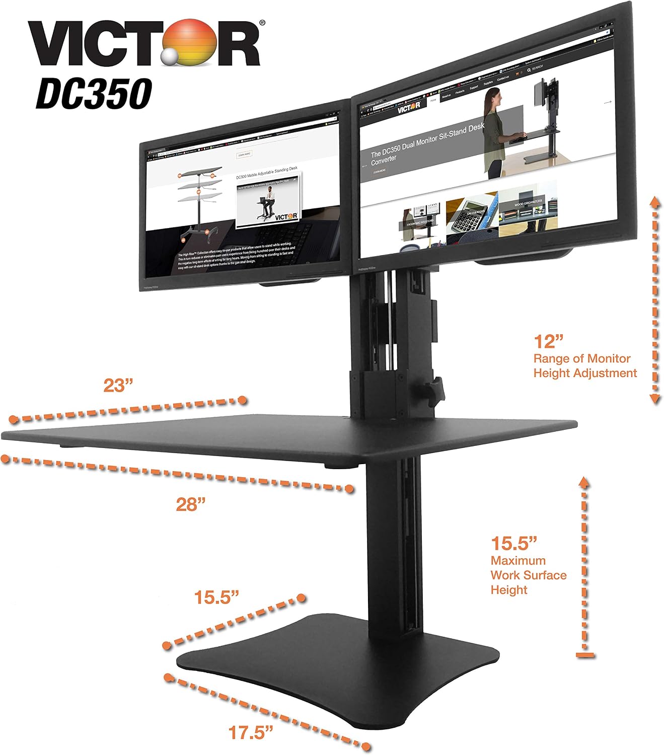 Victor High Rise Collection Dual Monitor Sit-Stand Standing Desk Converter, 28' by 23' by 15.5', Black