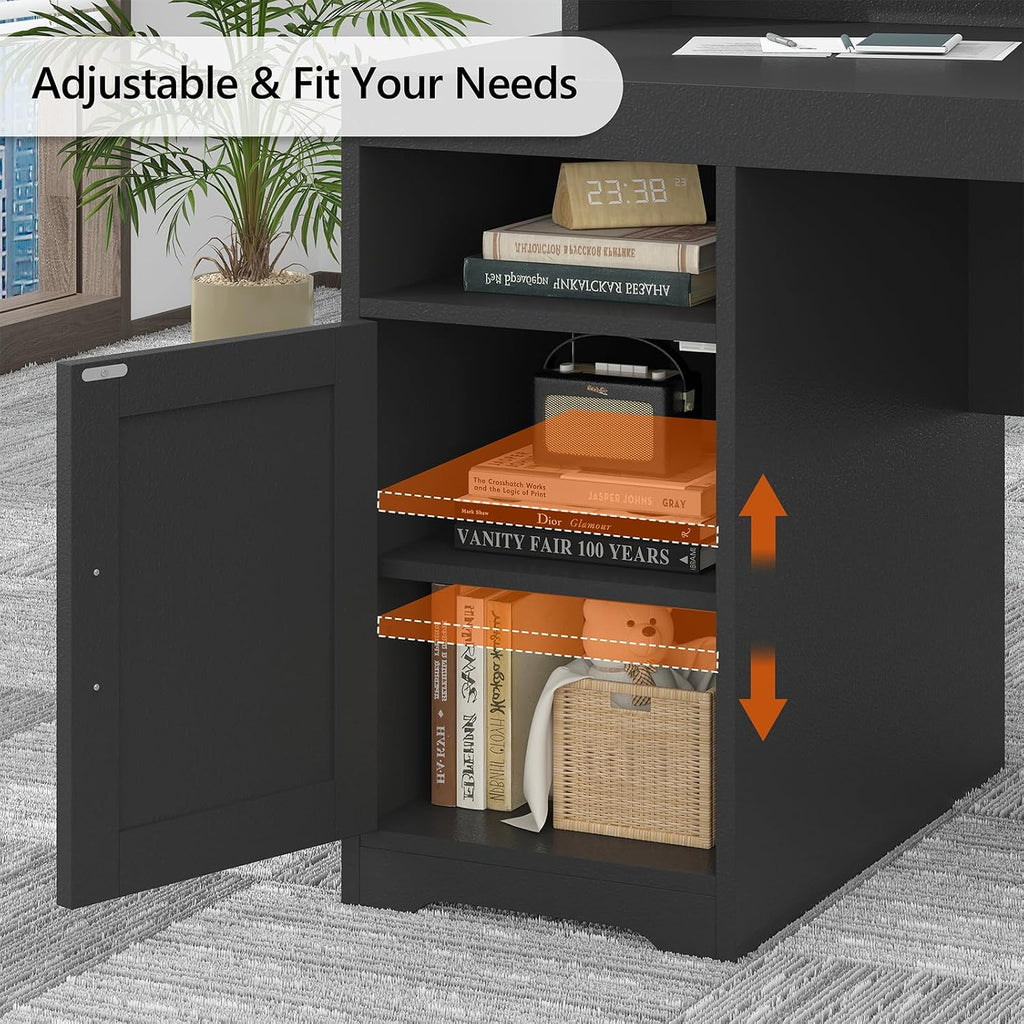 TVU Farmhouse Computer Desk with Drawers, 65'' Home Office Desk with Power Outlets, Storage Cabinet and Printer Stand, Study Writing Desks with Long Monitor Stand, Black