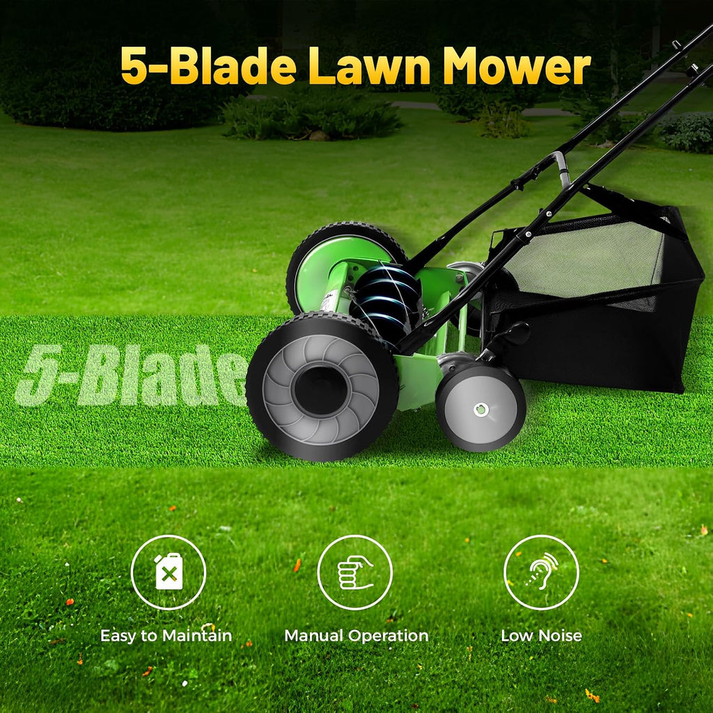 Push Reel Lawn Mower 20 inch, 5 Blades Manual Push Mower with Grass Catcher Bag, 1.33-2.51 in Adjustable Cutting Height for Small Medium Lawns, Yards, Driveways