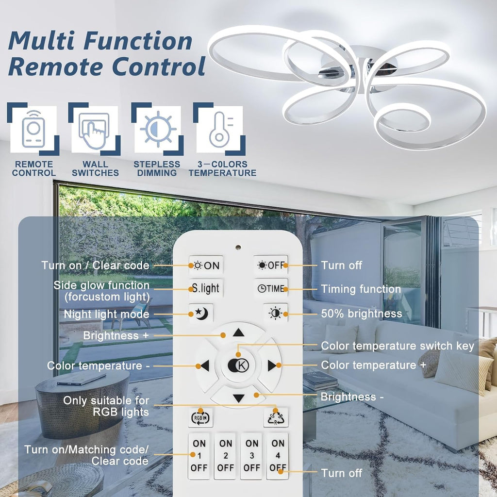 66W Modern LED Ceiling Light, 39.37Inch Flower Flush Mount Light Fixture with Remote Control Chrome Dimmable Ceiling Lamp for Living Room, Bedroom, Dining Room, Hallway, Kitchen