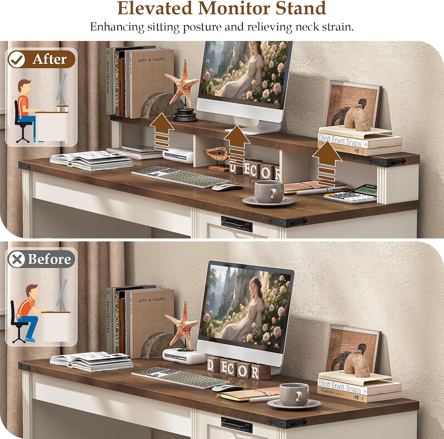 Vabches 55' Farmhouse Executive Desk with 3 Drawers, Wooden Computer Desk Home Office Desk with File Drawer (Fits A4 Size) for Work and Study, White Brown