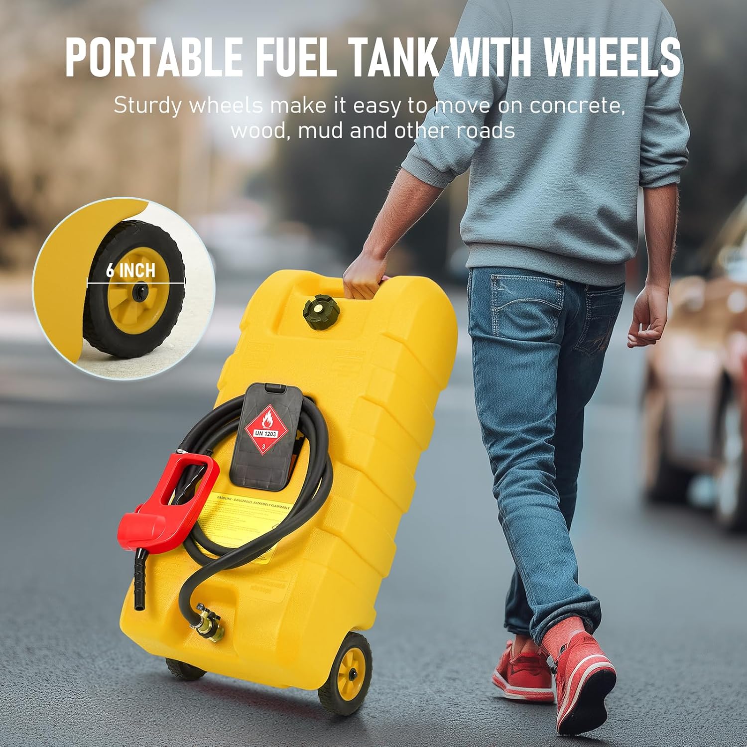 15 Gallon Gas Can, Fuel Tank Container with LE Fluid Transfer Manual Siphon Pump & 10FT Hose, Portable Diesel Gas Storage Caddy with Wheels for Car, ATV, Weeder, Boat, etc., Yellow
