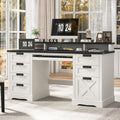 60' Farmhouse Executive Desk with 8 Drawers, Wood Computer Desk with Keyboard Tray and Charging Station, Home Office Desk Writing with File Drawer Fits A4 Size for Work and Study, White and Black