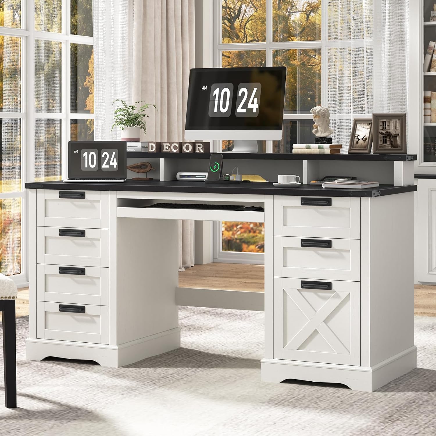 60' Farmhouse Executive Desk with 8 Drawers, Wood Computer Desk with Keyboard Tray and Charging Station, Home Office Desk Writing with File Drawer Fits A4 Size for Work and Study, White and Black