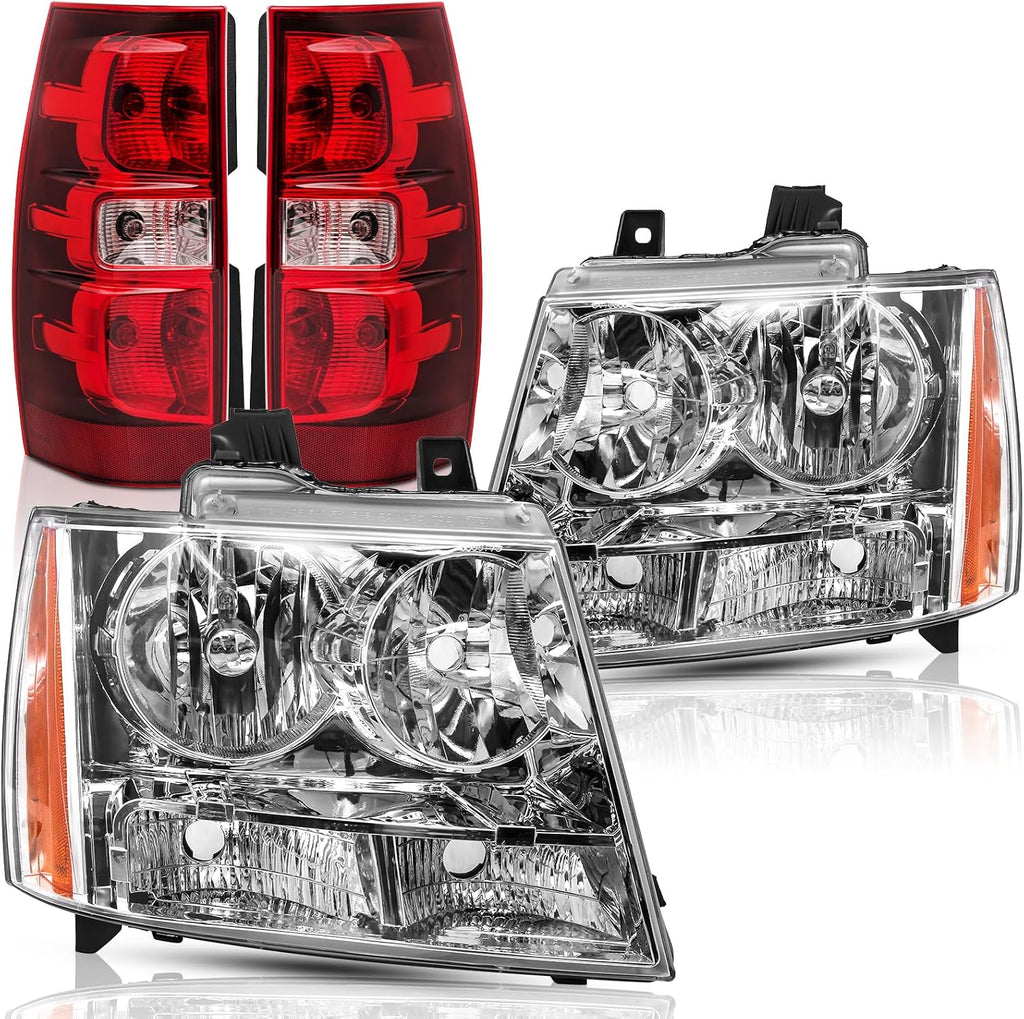 Headlights and Taillights Assembly Combo kits for 2007-2014 Chevy Tahoe Suburban Replacement Head/OE Factory Style Red Rear Brake Tail Lights Lamps LH RH,Chrome Housing Amber Reflector