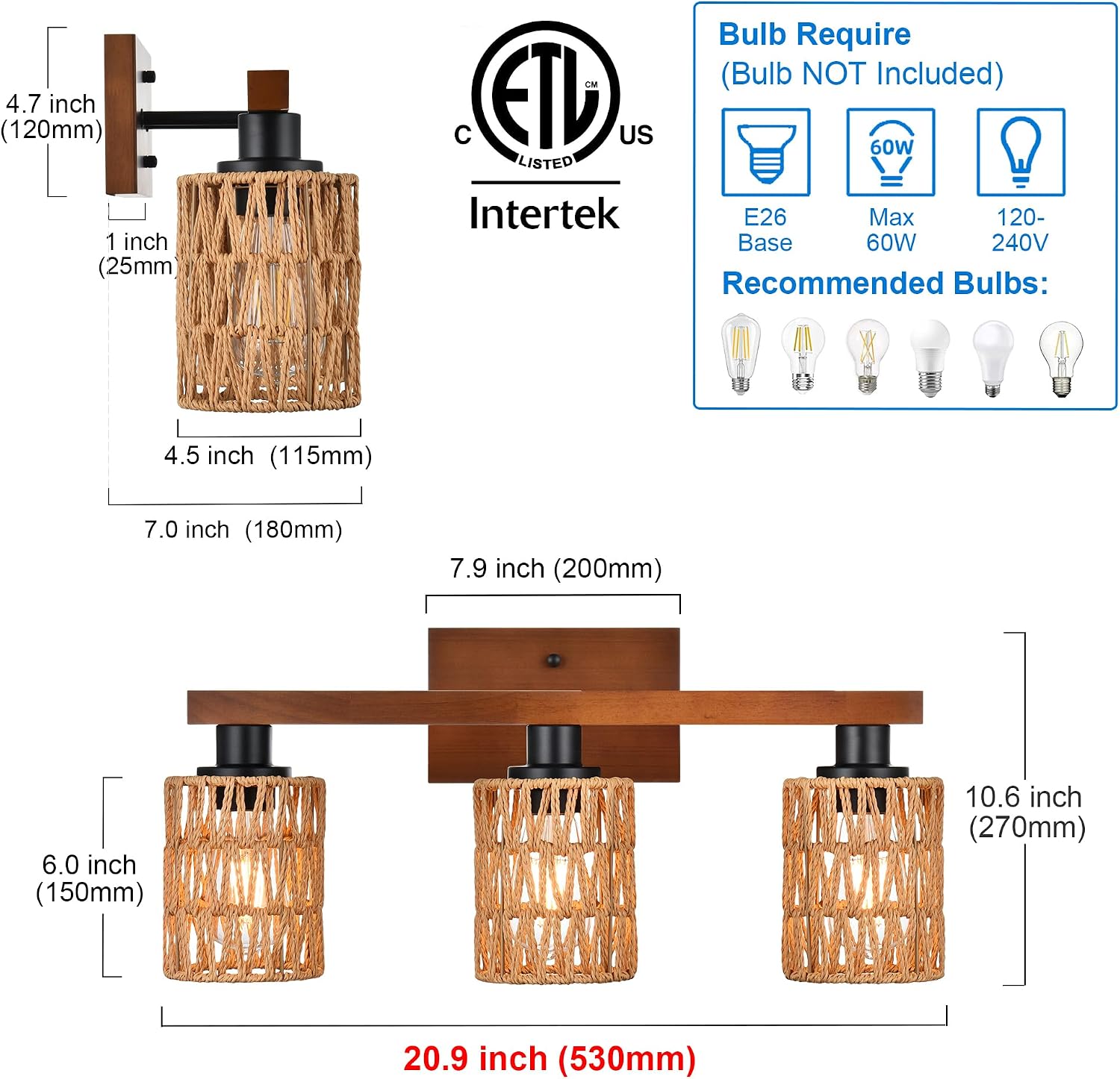MELUCEE 21 Inches Farmhouse Vanity Light Fixture with Rattan Lampshade, 3-Light Bathroom Wood Wall Light Over Mirror Rustic Vintage Wall Sconce Lighting for Bathroom Kitchen Hallway