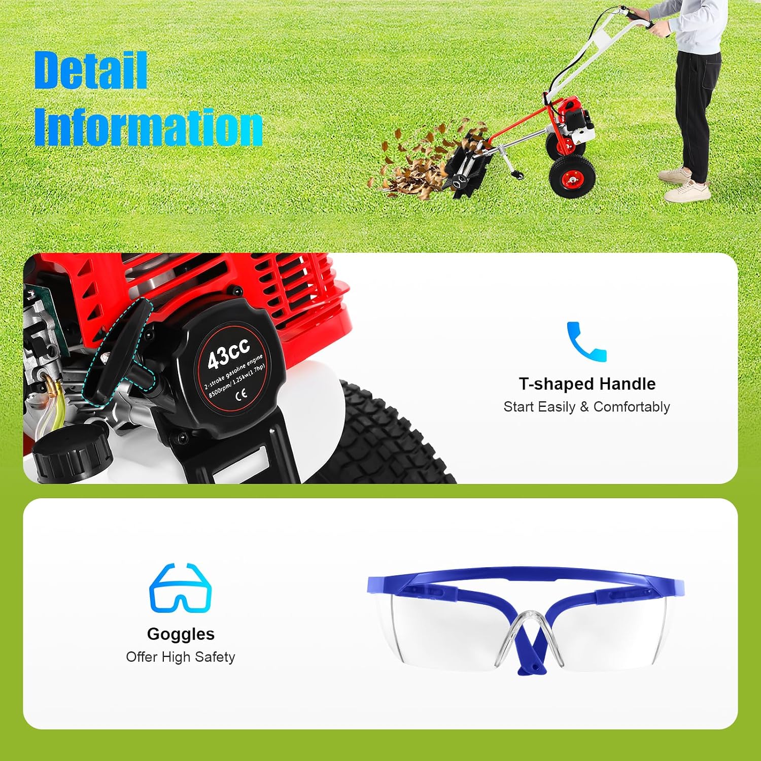 43CC Gas Powered Walk-Behind Outdoor Push Sweeper, 1.7HP 2 Stroke Hand Held Sweeper Snow Sweeping Broom, Driveway Turf Lawns Cleaning Tools with 23.6in Sweeping Width for Leaves Dirt Gravel