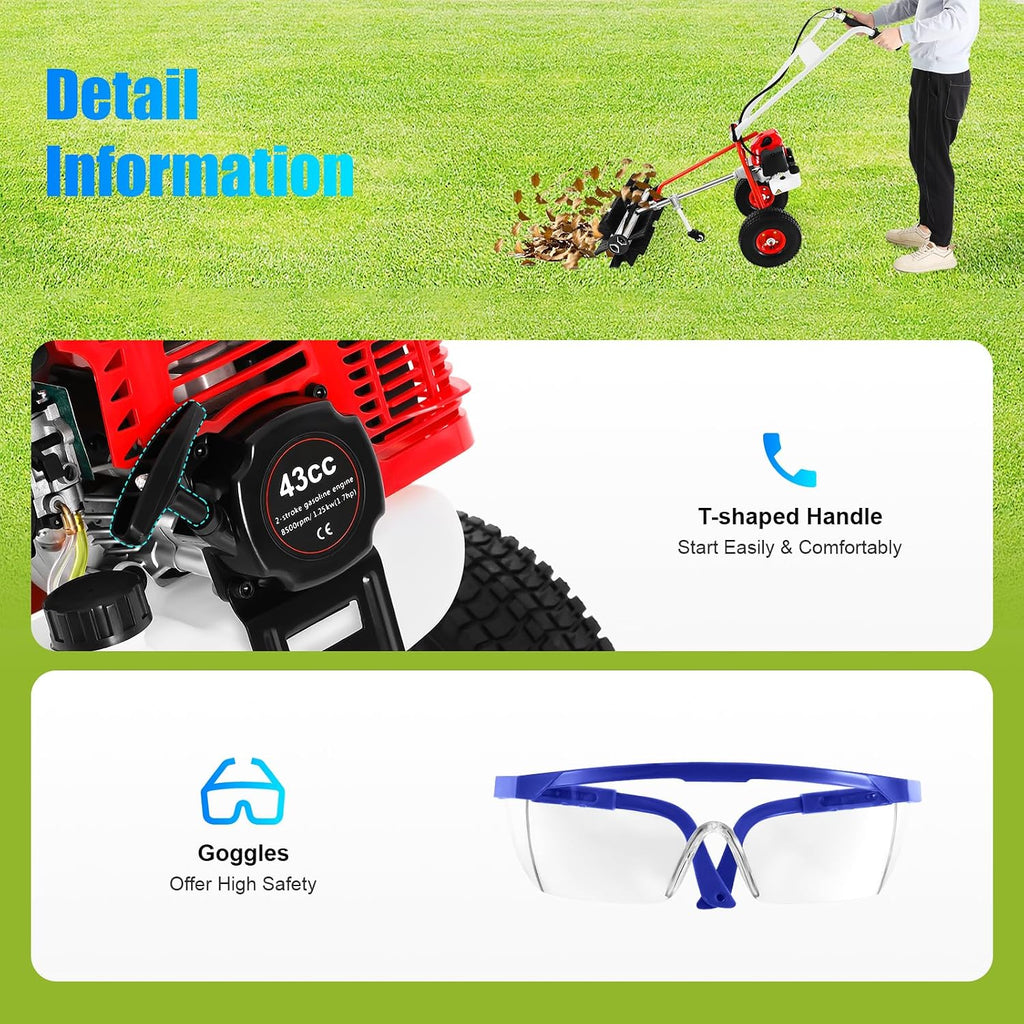 43CC 2 Stroke 1.7HP Gas Power Broom Sweeper 1250W Walk Behind Lawn Yard Sweeper Handheld Push Lawn Sweepers Walk Behind Lawn Mower for Driveways Lawns Sidewalks
