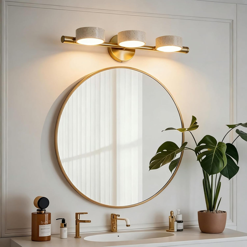 LED Mirror Light with 3 Travertine Stone Shades, Bathroom Vanity Wall Sconce, 360° Rotatable Stone Lampshades, Modern Rustic Wall Lamp for Bedroom, Living Room, Hallway (Gold-Metal)