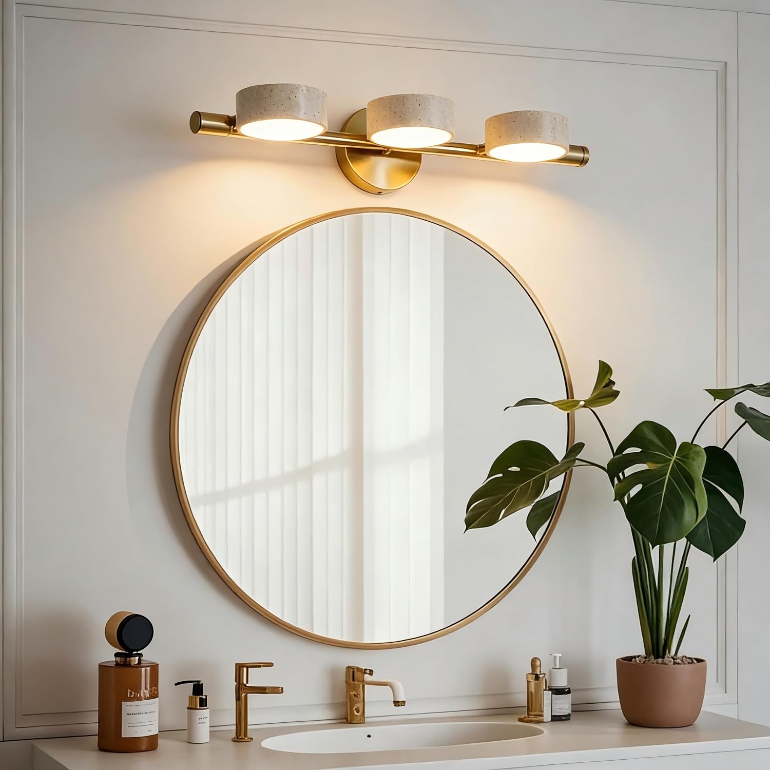 LED Mirror Light with 3 Travertine Stone Shades, Bathroom Vanity Wall Sconce, 360° Rotatable Stone Lampshades, Modern Rustic Wall Lamp for Bedroom, Living Room, Hallway (Gold-Metal)