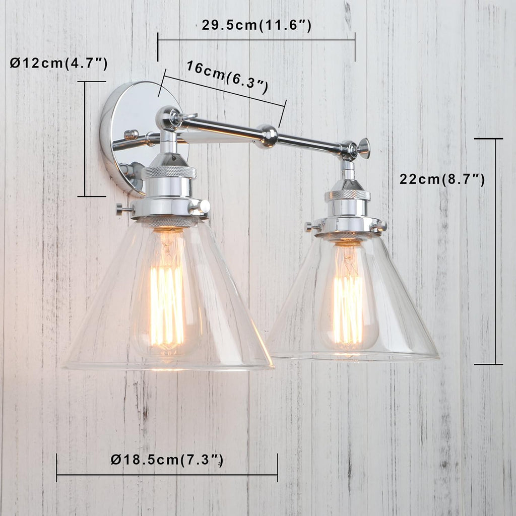 Permo Vintage Industrial Antique 2-Lights Wall Sconces with Dual Funnel Clear Glass Shade (Chrome)