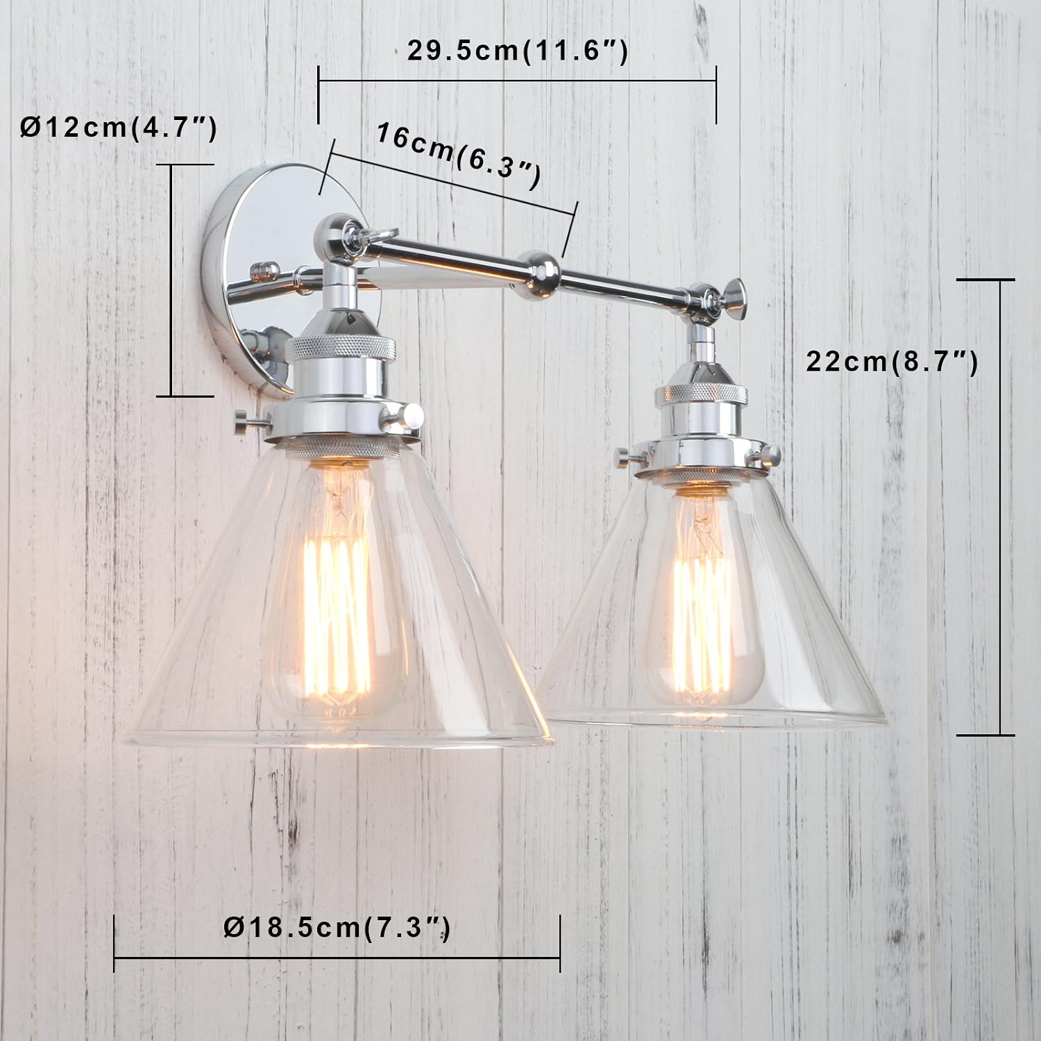 Permo Vintage Industrial Antique 2-Lights Wall Sconces with Dual Funnel Clear Glass Shade (Chrome)