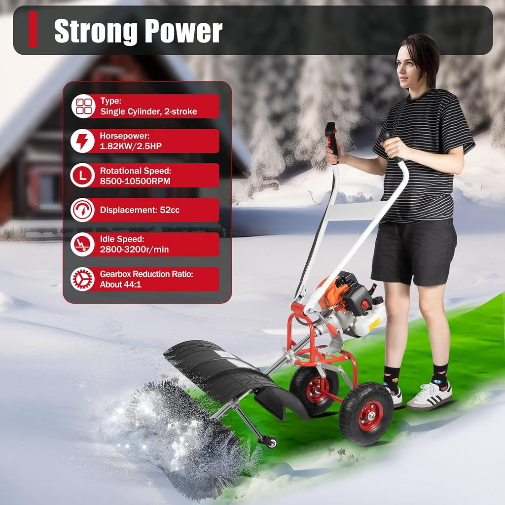 Gas Power Broom Sweeper, 52CC 2.5HP Handheld Snow Sweeper Brush Broom, Outdoor Driveway Turf Grass Snow Cleaning Tool for Lawn Leaf Snow Artificial Turf Grass Gravel Cleaning