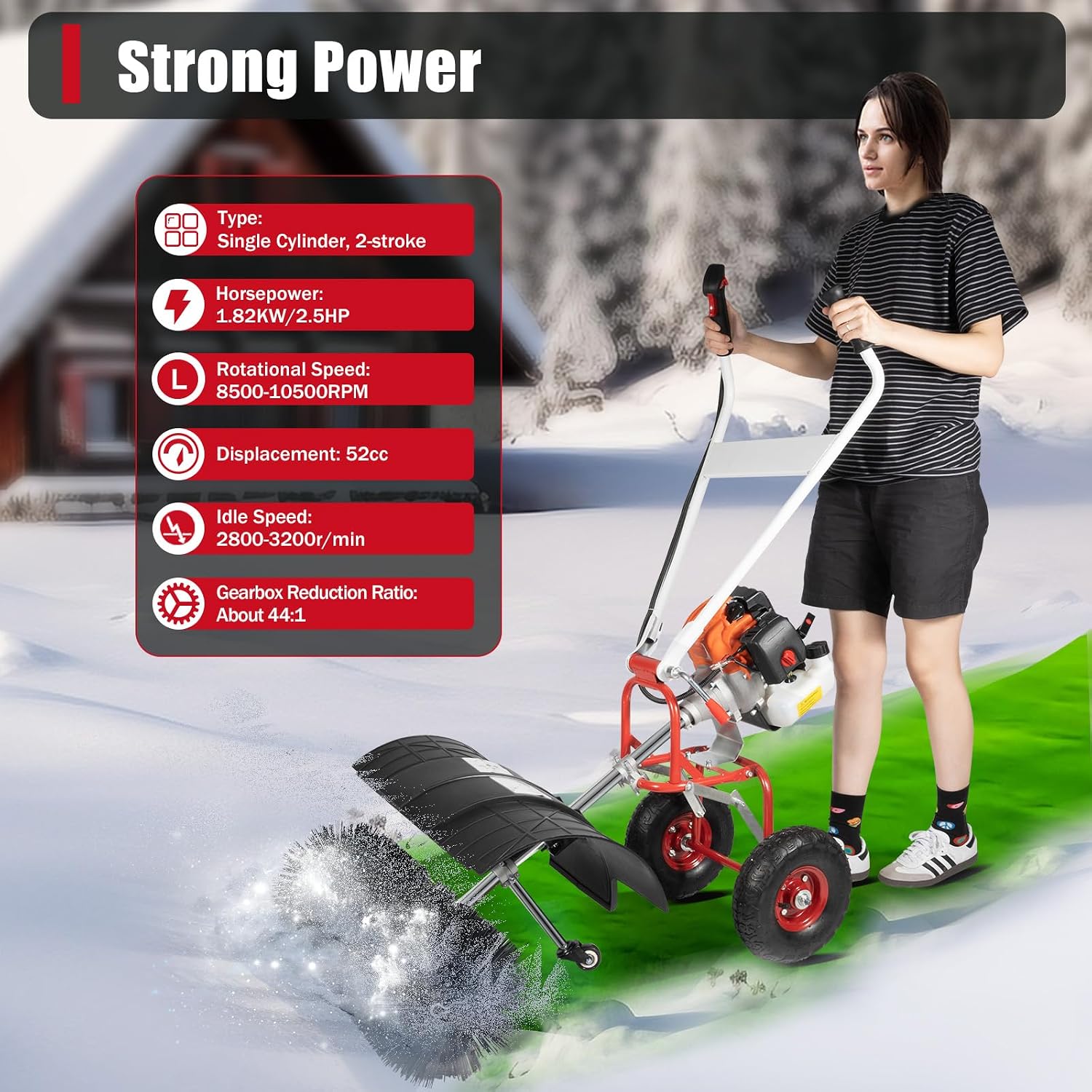 Gas Power Broom Sweeper, 52CC 2.5HP Handheld Snow Sweeper Brush Broom, Outdoor Driveway Turf Grass Snow Cleaning Tool for Lawn Leaf Snow Artificial Turf Grass Gravel Cleaning