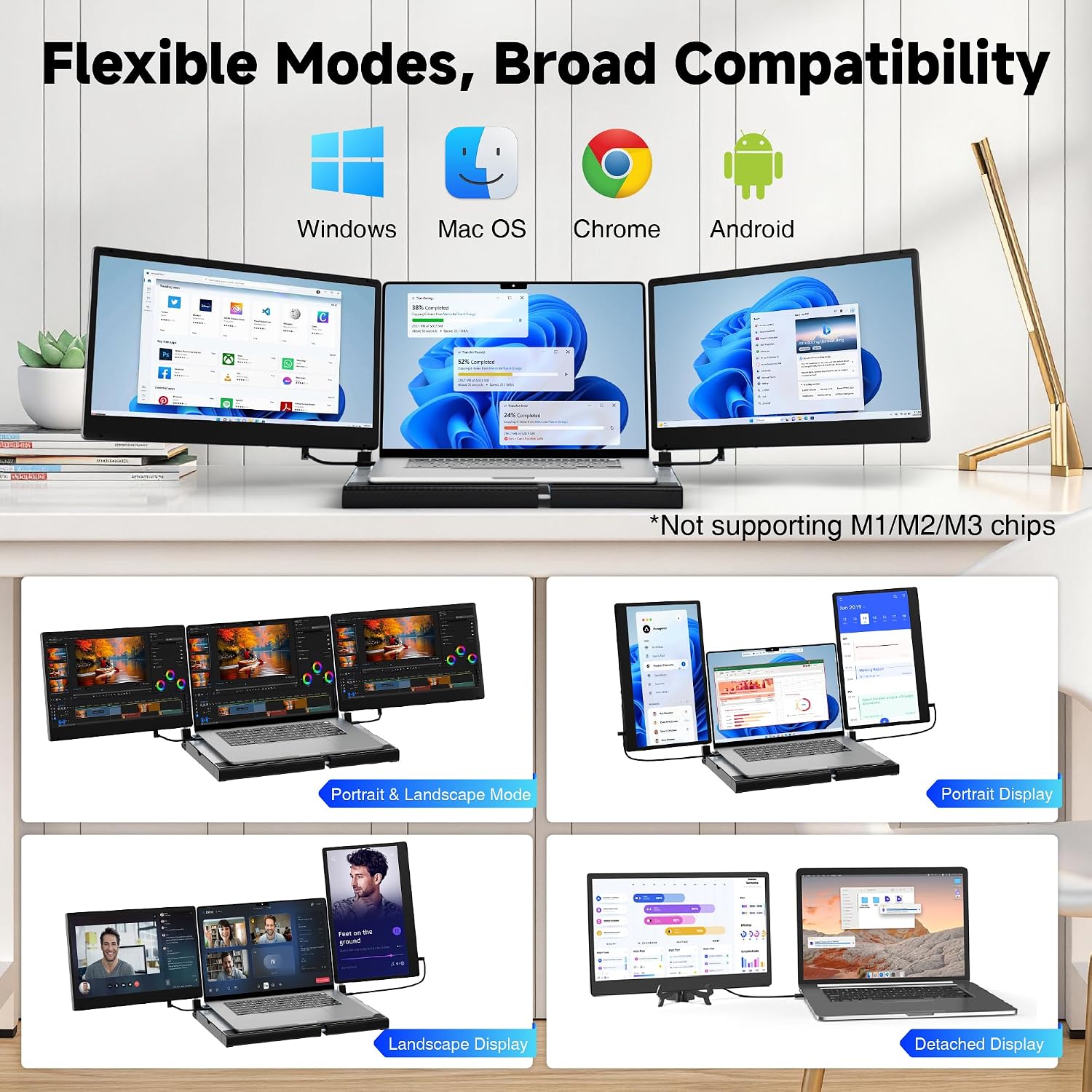 Laptop Screen Extender, 14' FHD 1080P Triple Portable Monitor for Laptops, Stretchable Base and Detachable Screen, Plug & Play, Monitor Extender for 13–17.3' Laptops, Compatible with Window/Mac/Chrome