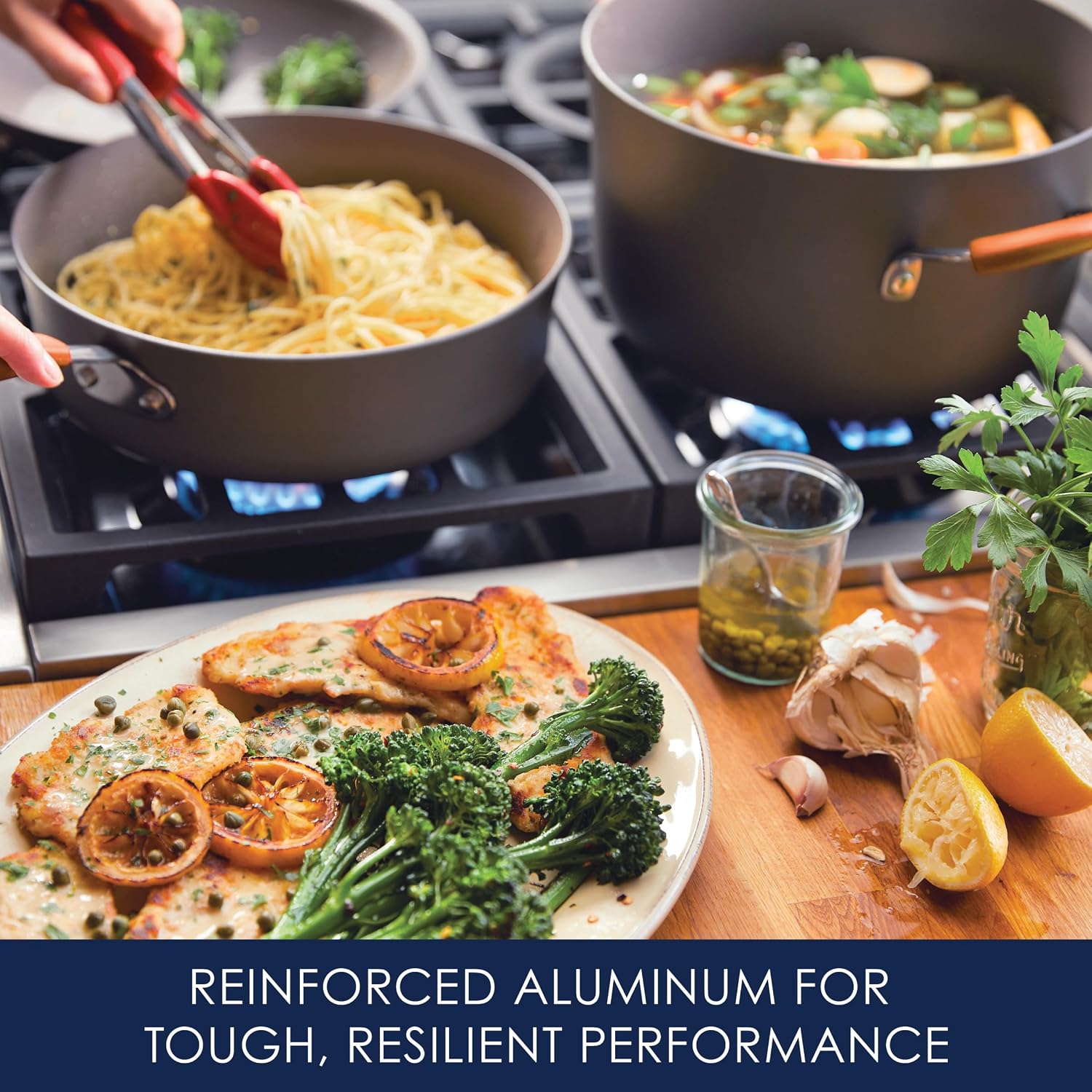 Rachael Ray Cucina Dishwasher-Safe Hard-Anodized Pots and Pans Set Non Stick Cookware, 12 Piece, Gray with Orange Handles