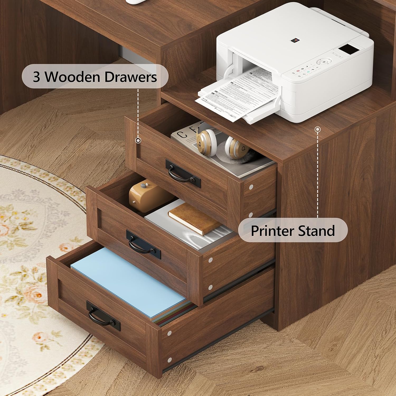 TVU Farmhouse Computer Desk with Drawers, 65'' Home Office Desk with Power Outlets, Storage Cabinet and Printer Stand, Study Writing Desks with Long Monitor Stand, Brown