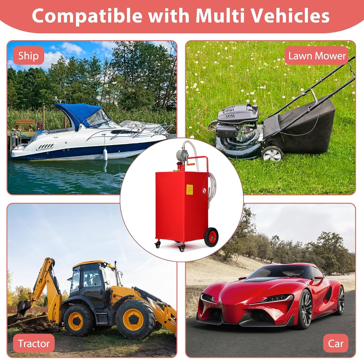 Garvee 50 gal Fuel Caddy with Manual Pump – Heavy Duty Gasoline & Diesel Transfer Tank On 4 Wheels, Spill-Proof Portable Fuel Container for Boat, Truck, Lawn Mower, ATV, Garage & Farm – Red