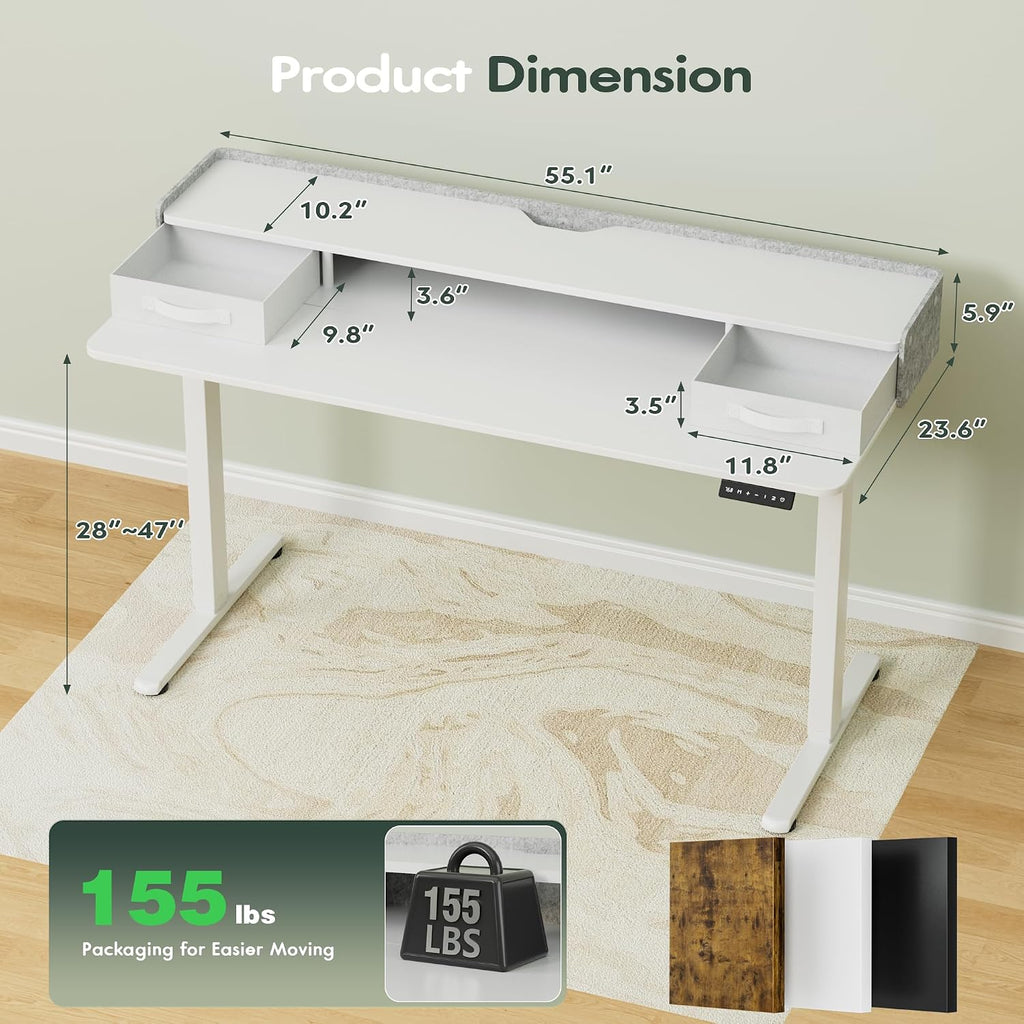 Homall Electric Standing Desk with 2 Drawers, Adjustable Height Computer Desk with Storage Sit Stand Table with Storage Shelf and Splice Board Quick Install for Home Office (White, 55 Inch)