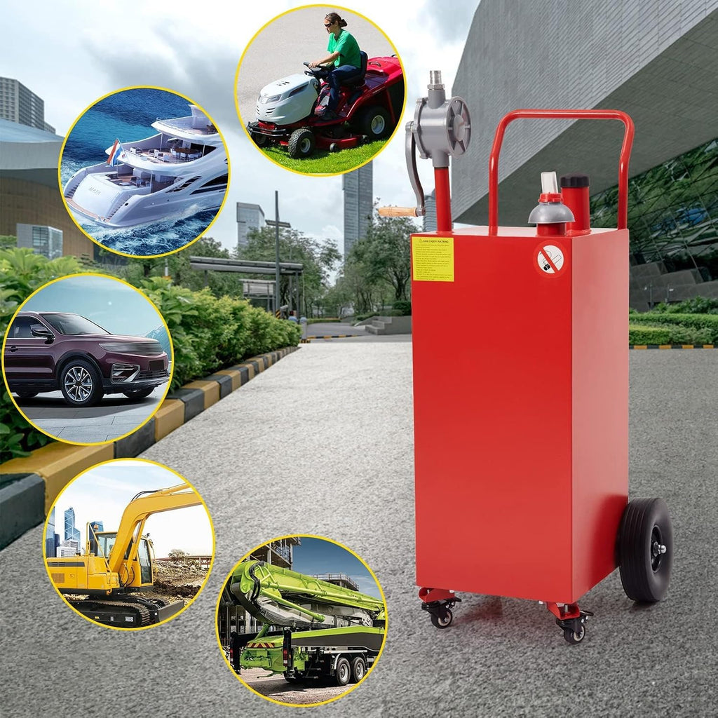 50 Gallon Fuel Caddy, Portable Gas Tank with Reversible Rotary Manual Siphon Pump, Fuel Transfer Storage Tank with 4 Solid Rubber Rollers, Gasoline Diesel Can for Car, Boat, Lawn Mower, ATV, Red