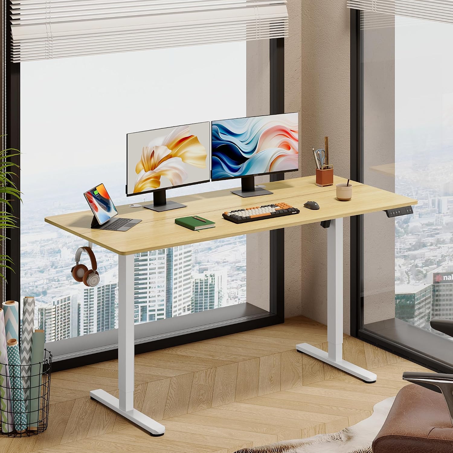 DEVAISE 63 x 28 Inches Electric Standing Desk, Adjustable Height Stand up Desk for Home Office, Ergonomic Sit to Stand Desk with LED Touchscreen, 3 Memory Preset Computer Desk (Maple)
